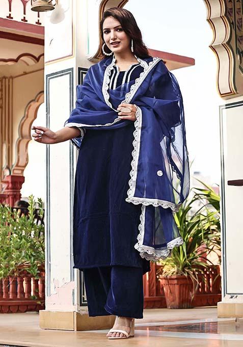 Navy Blue Printed Velvet Organza Kurta Set