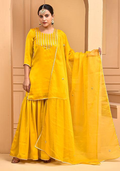 Yellow Printed Satin Silk Sharara Set