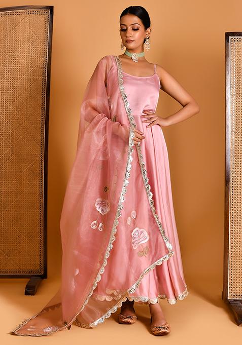 Rose Golden Hand Embroidered Satin Silk Kurta Set