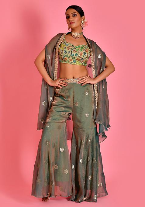 Green Embroidered Tissue Organza Palazzo Set