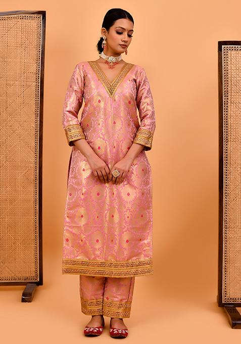 Pink Printed Banarasi Brocade Kurta Set