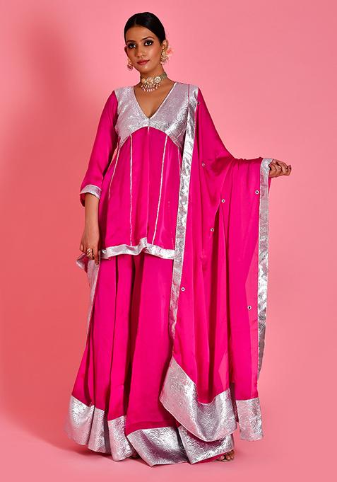 Magenta Embroidered Satin Silk Sharara Set