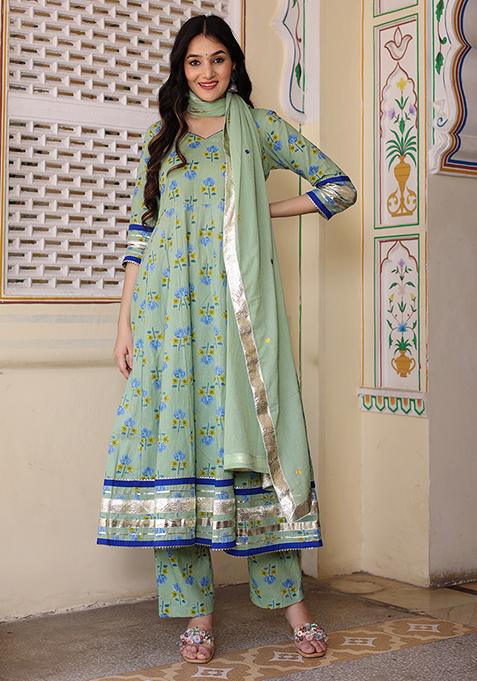 Green Embroidered Cotton Anarkali Gown Set