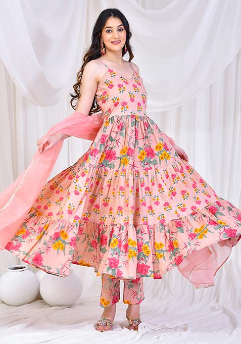 Pink Printed Cotton Anarkali Gown Set