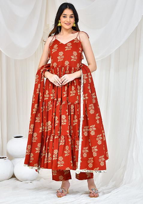 Maroon Printed Cotton Anarkali Gown Set