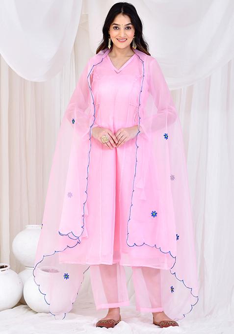 Pink Embroidered Organza Kurta Set