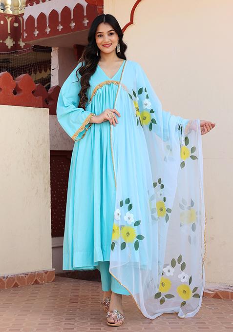 Blue Hand Painted Cotton Georgette Palazzo Set