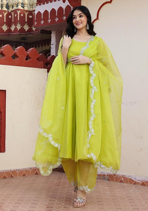 Green Embroidered Cotton Organza Anarkali Gown Set