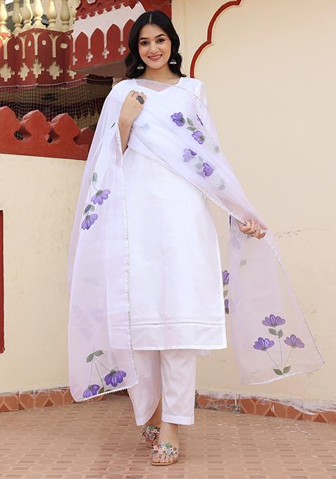 White Hand Painted Taffeta Silk Palazzo Set