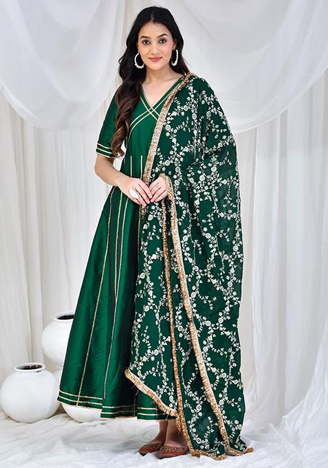 Green Embroidered Taffeta Silk Anarkali Set