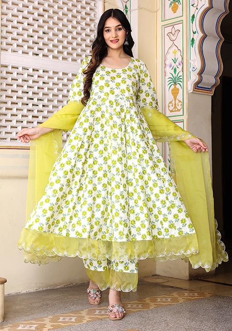 Ivory And Green Printed Cotton Organza Anarkali Gown Set