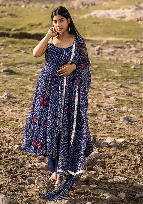 Blue Printed Chiffon Anarkali Gown Set