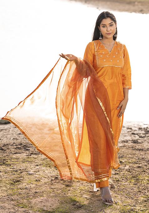 Mustard Embroidered Cotton Silk Kurta Set