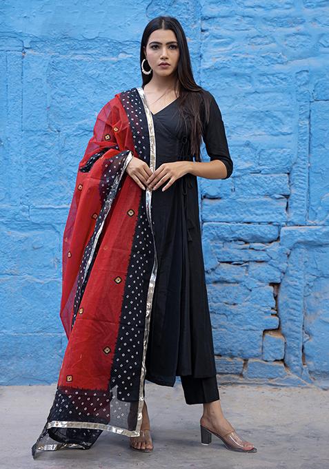 Black Printed Cotton Silk Anarkali Gown Set