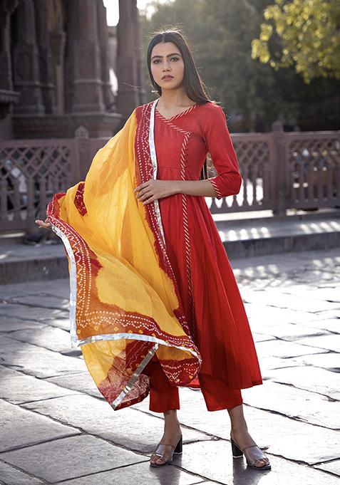 Red Printed Cotton Silk Kurta Set