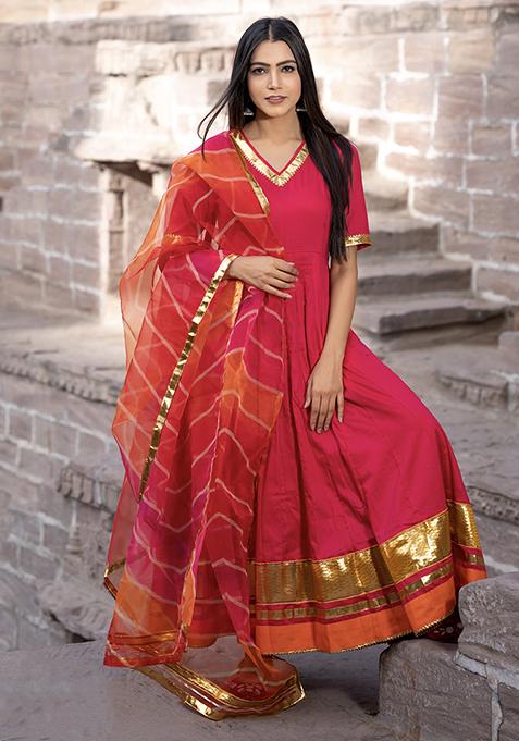 Rani Pink Printed Cotton Silk Anarkali Gown Set