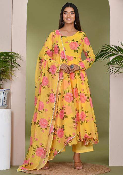 Yellow Printed Muslin Anarkali Gown Set