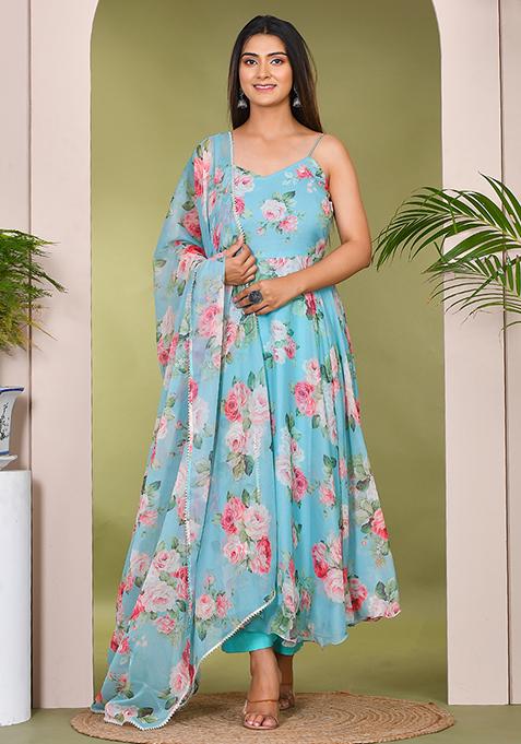 Blue Muslin Printed Anarkali Gown Set