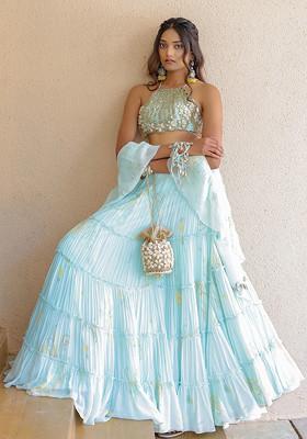 Blue Paisley Print Tiered Lehenga Set