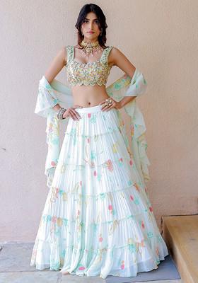 White Paisley Print Tiered Lehenga Set