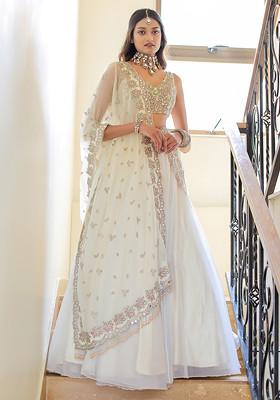 Cream Mirror Embroidered Organza Lehenga Set