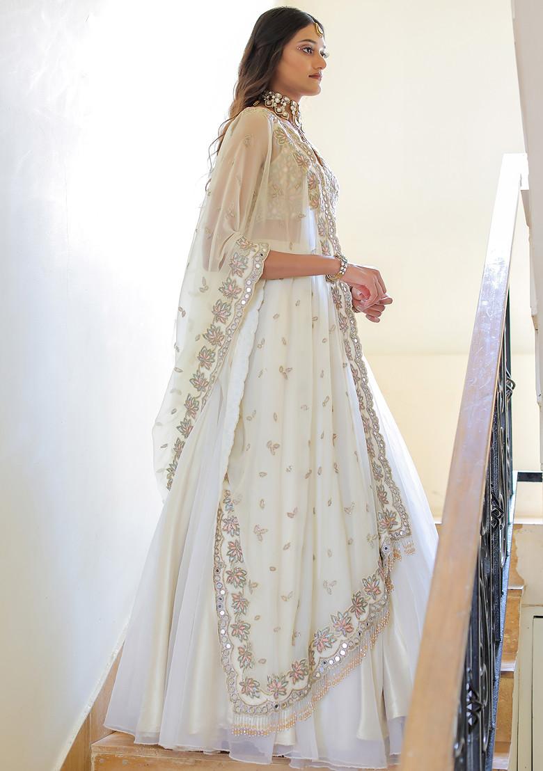 Cream Mirror Embroidered Organza Lehenga Set - Indya