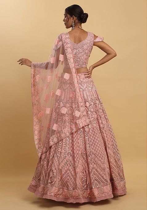 Pink Net Embroidered Mirror Leaf Snehashish Blouse Bridal Lehenga Set - Rent