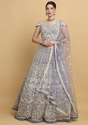 Pastel Blue Mirror Embroidered Mayur Upwan Lehenga Set