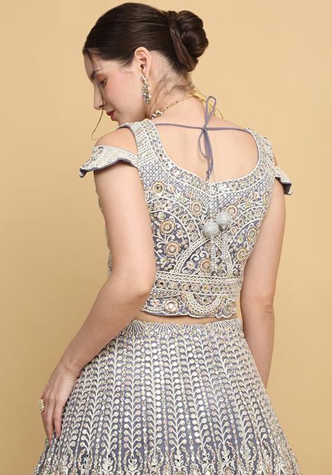 Pastel Mauve Mirror Embellished Lehenga Set with Cut dana Embroidery, Frills & Layering