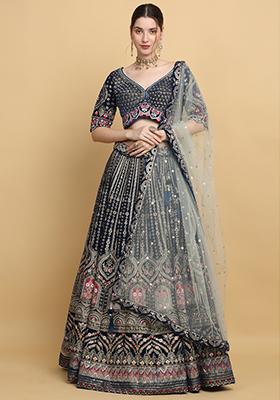 Dark Teal Blue Mirror Embroidered Rajwada Lehenga Set