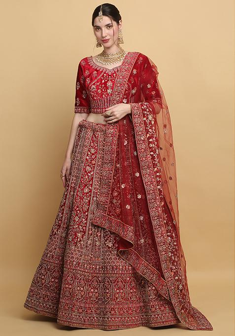 Red Mirror Embroidered Shaheen Bridal Lehenga Set