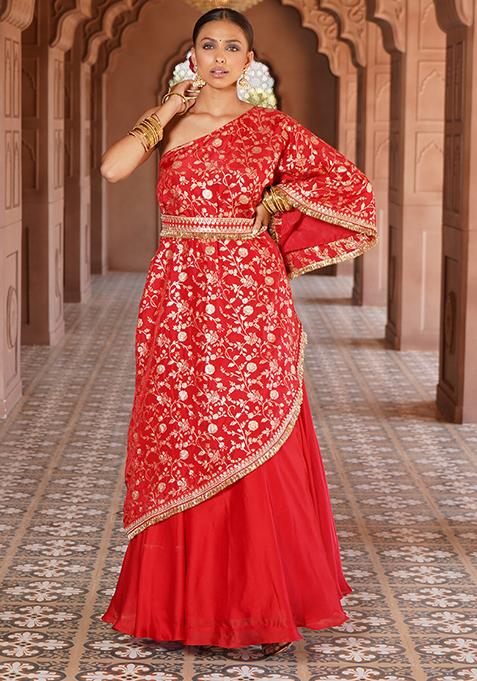 Red Embroidered Shama Lehenga Set With One Shoulder Cape