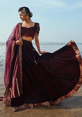 Wine Embroidered Velvet Victoria Lehenga Set