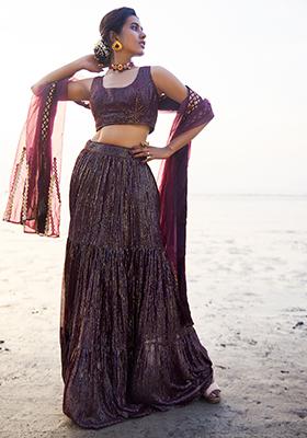 Wine Embroidered Velvet Melania Lehenga Set