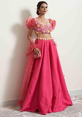Pink Rose Crystal Bamboo Silk Embroidered Lehenga Set