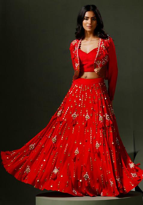 Red Embellished Son Chidiya Silk Lehenga Set