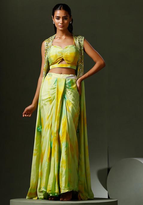 Green Embroidered Cape And Drape Skirt Set