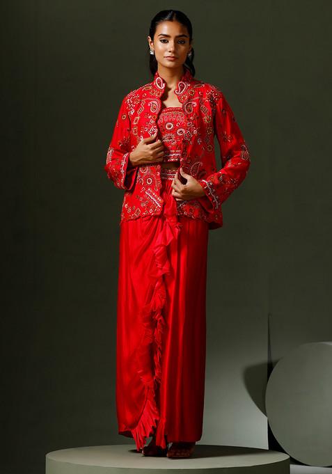 Red Embroidered Silk Jacket And Drape Skirt Set