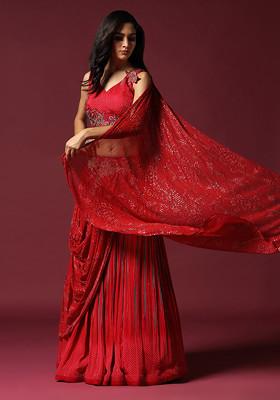 Red Hand Embroidered Georgette Draped Lehenga Set