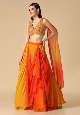 Orange Ombre Hand Embroidered Lehenga Set