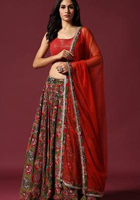 Green Hand Embroidered Silk Lehenga Set