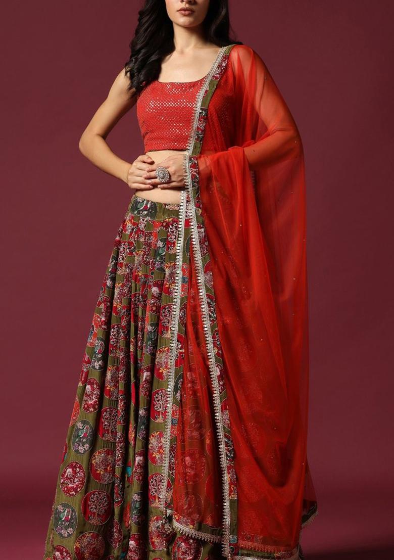 Green Hand Embroidered Silk Lehenga Set - Indya