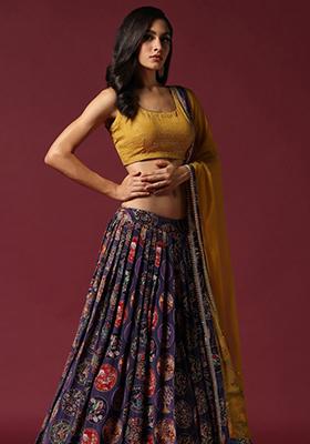 Mustard And Purple Embroidered Silk Lehenga Set
