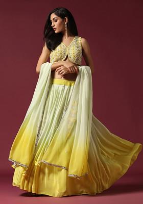 Green And Yellow Embroidered Silk Lehenga Set