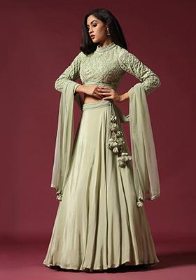 Mint Green Hand Embroidered Lehenga Set