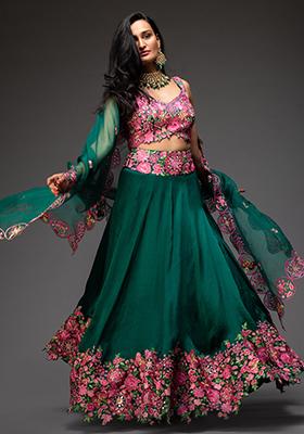 Emerald Green Embroidered Organza Lehenga Set