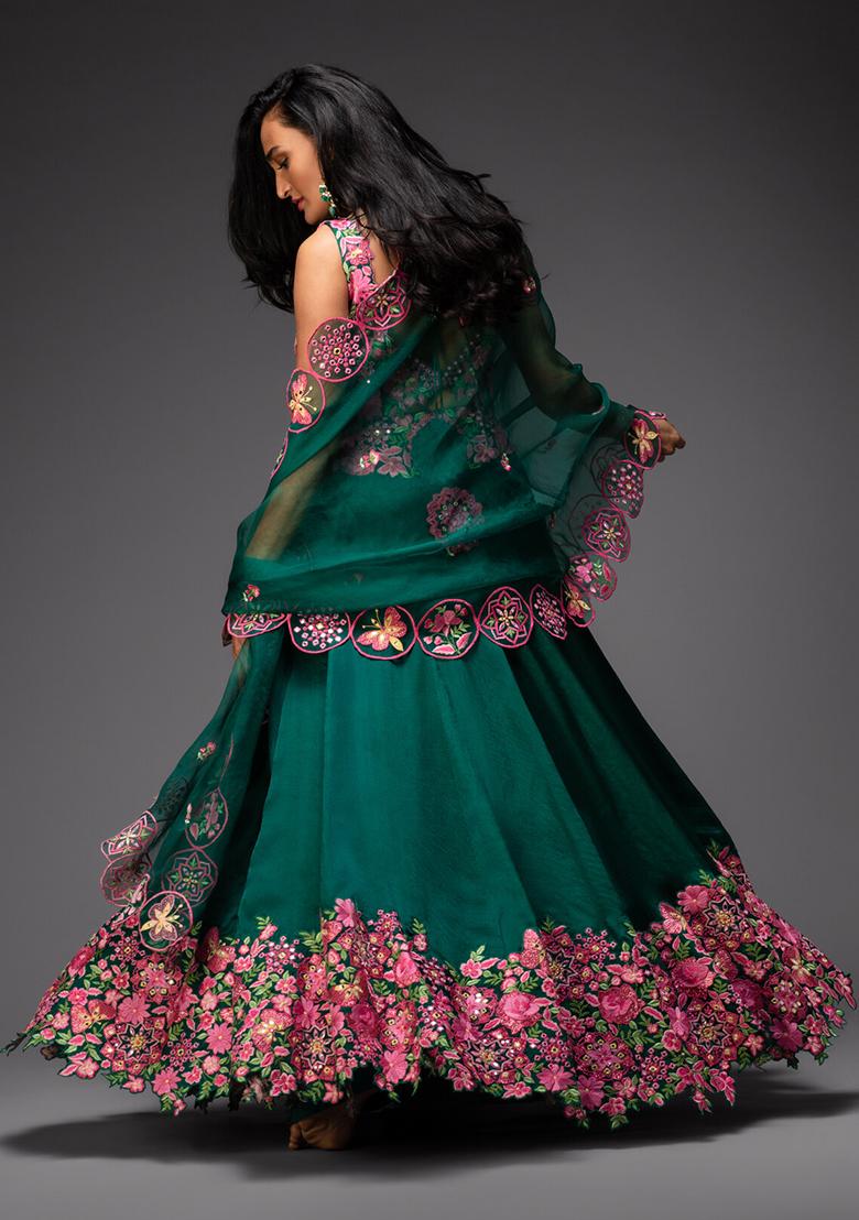 Emerald Green Embroidered Organza Lehenga Set
