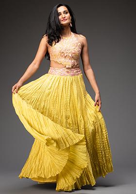 Lemon Yellow Embroidered Chanderi Lehenga Set