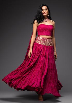 Magenta Pink Embroidered Chanderi Lehenga Set