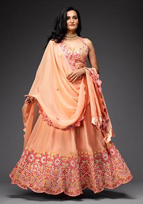 Peach Embroidered Organza Lehenga Set